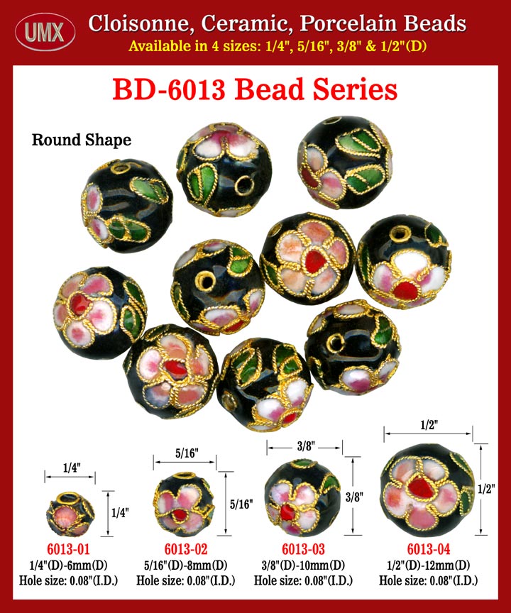 Cloisonne Handbag Beads - Round Black Enamel Flower Arts.