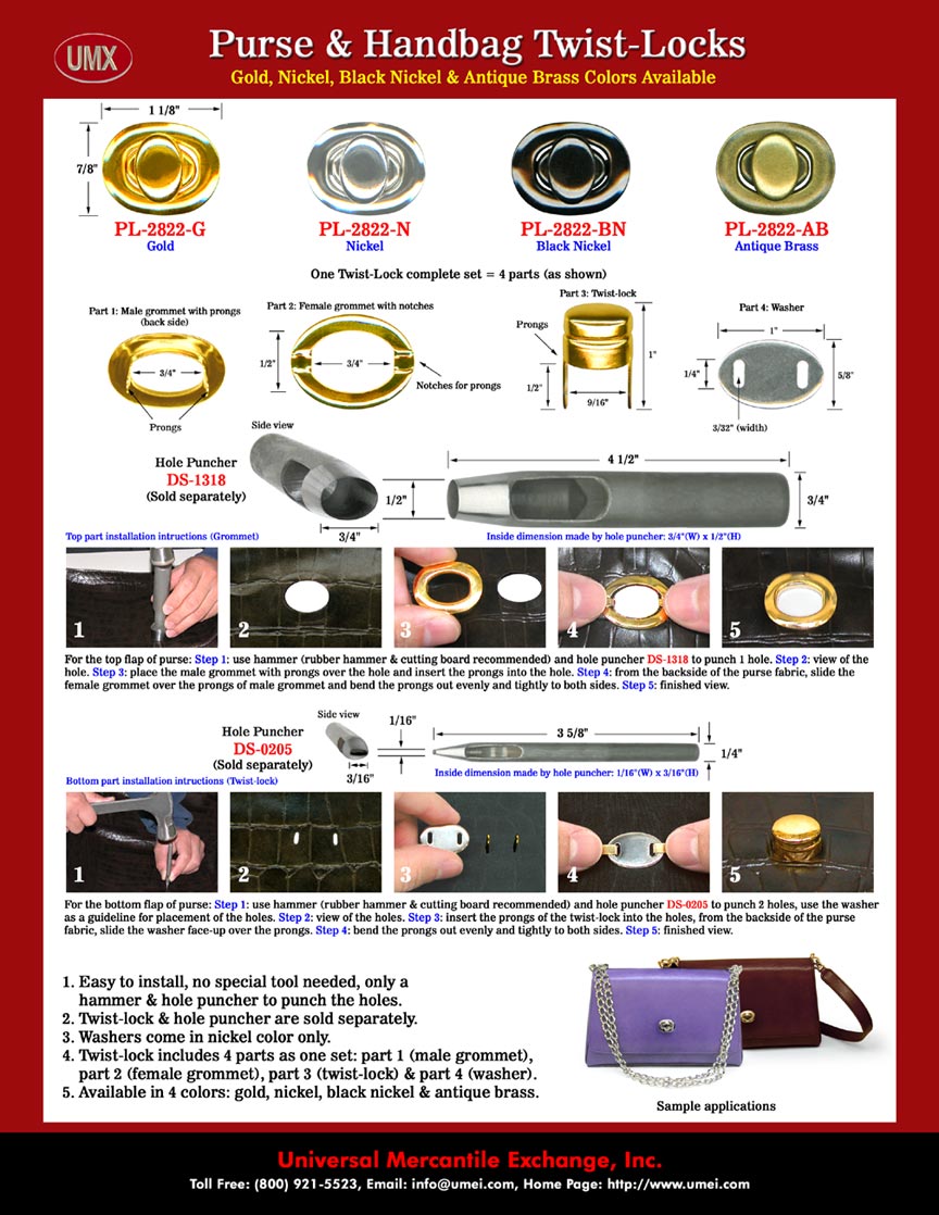 Twist Locks: Easy Twist To Lock and Twist To Open: Handbag, Purse, Fabric and Leather Bag Locking System Hardware.