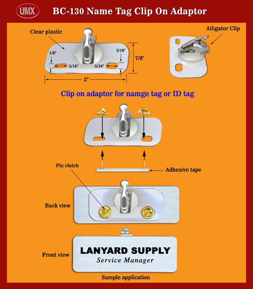 Clear Plastic adaptor with alligator clip for name badge plate or ID tag plate.