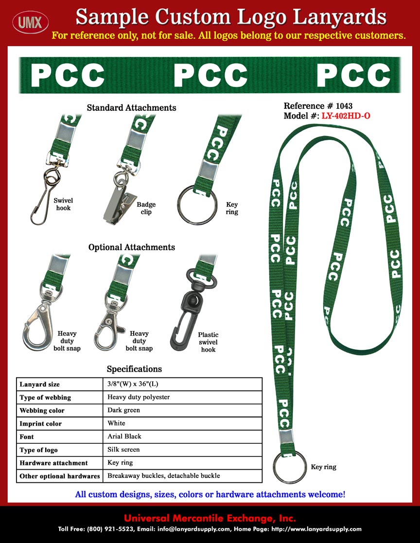 3/8" Printed Custom Lanyards: Pasadena City College - PCC Lanyards - Dark Green Color Lanyard Straps Imprinted with White Color Logo.