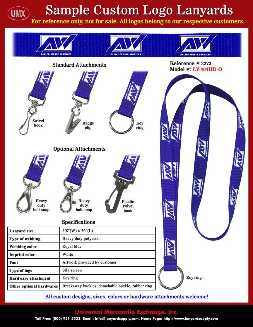 5/8" Custom Printed Lanyards: Allied Waste Lanyards - with AW Custom Logo Printed.