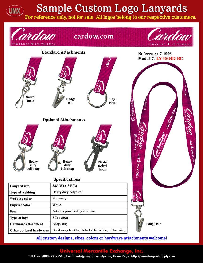 5/8" Custom Printed Lanyards: Cardow JEWELERS ST. THOMAS Lanyards - with Cardow dot Com Web Address Printed.