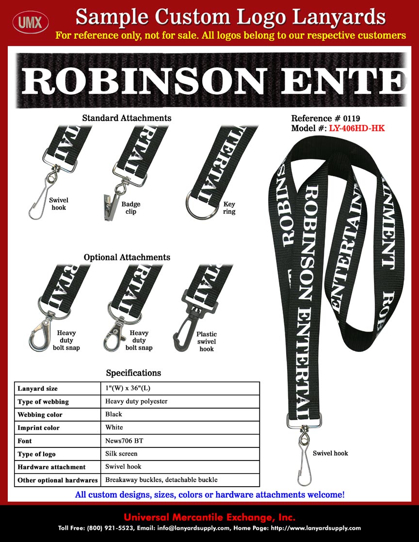 1" Custom Printed Robinson Entertainment Lanyards.