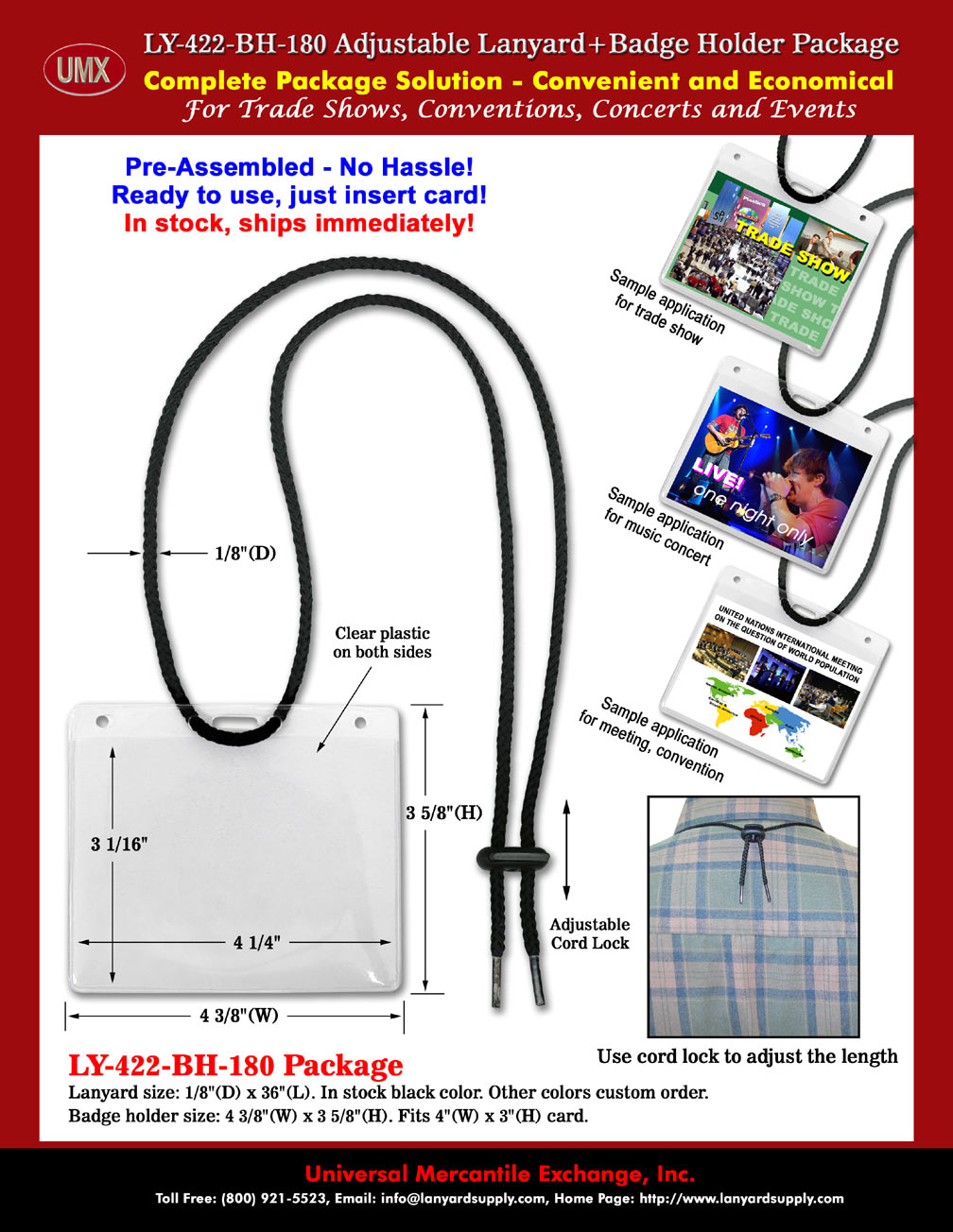 Adjustable Length and Pre-Assembled Name Badge Holder + Lanyard Package.